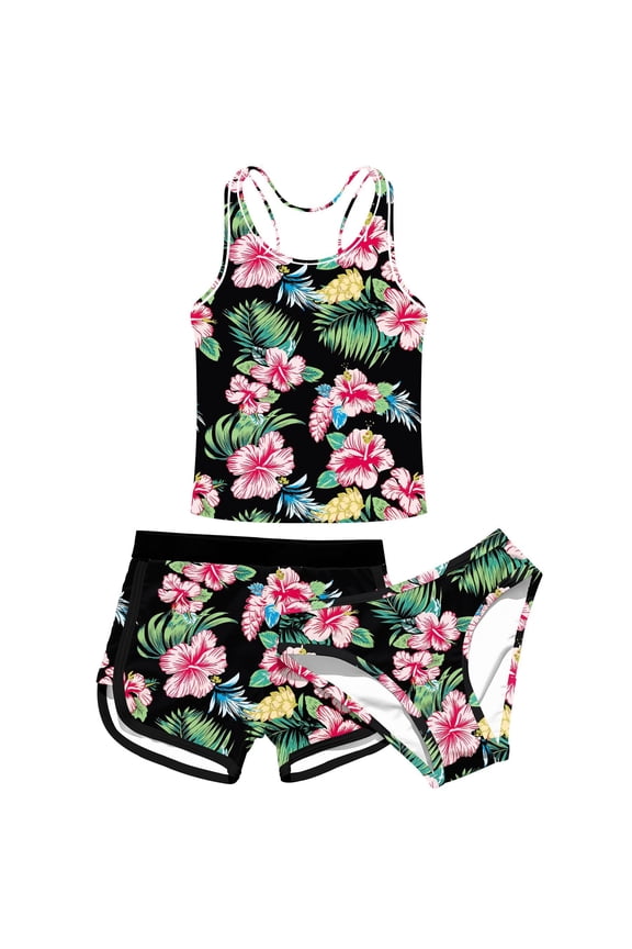 Girls Swimsuit 3 Piece Bathing Suit UPF 50+ Beach Tankini Sets Girls' Racerback Swimwear with Shorts 8-15 Years