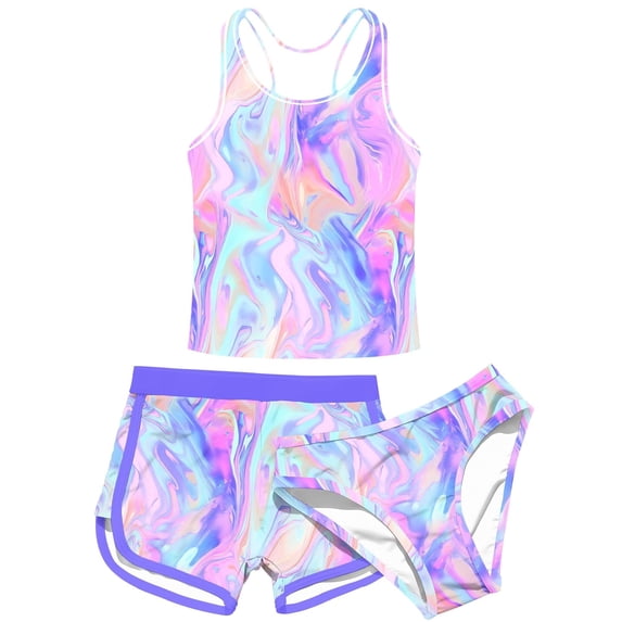 Aideaone Girls Swimsuit 3 Piece Bathing Suit UPF 50+ Beach Tankini Sets Girls' Racerback Swimwear with Shorts 8-15 Years