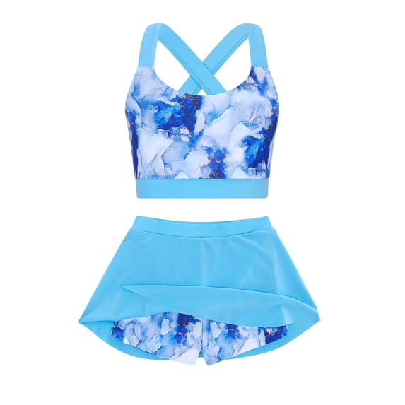 Girls 2 Piece Tankini Swimsuit Summer Boyshort Girls Bathing Suit with Shorts with Beach Skirt Swimwear 5-16 Years