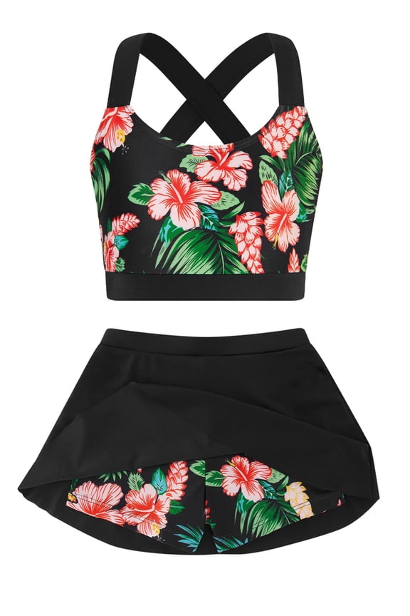 Girls 2 Piece Tankini Swimsuit Summer Boyshort Girls Bathing Suit with Shorts with Beach Skirt Swimwear 5-16 Years