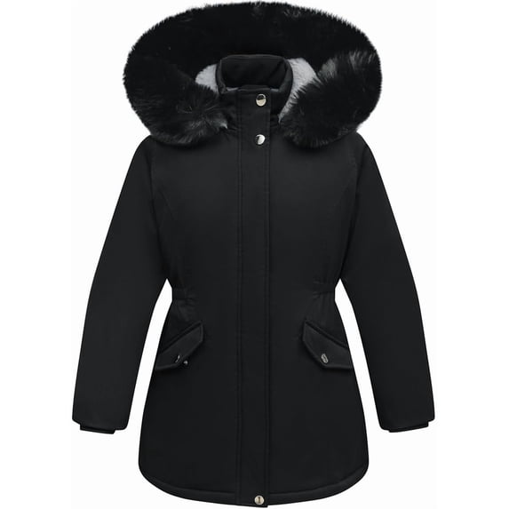 Aideaone Girls Winter Coats Heavyweight Kids Outerwear Warm Parka Puffer Jacket with Hood Black 5-12Y