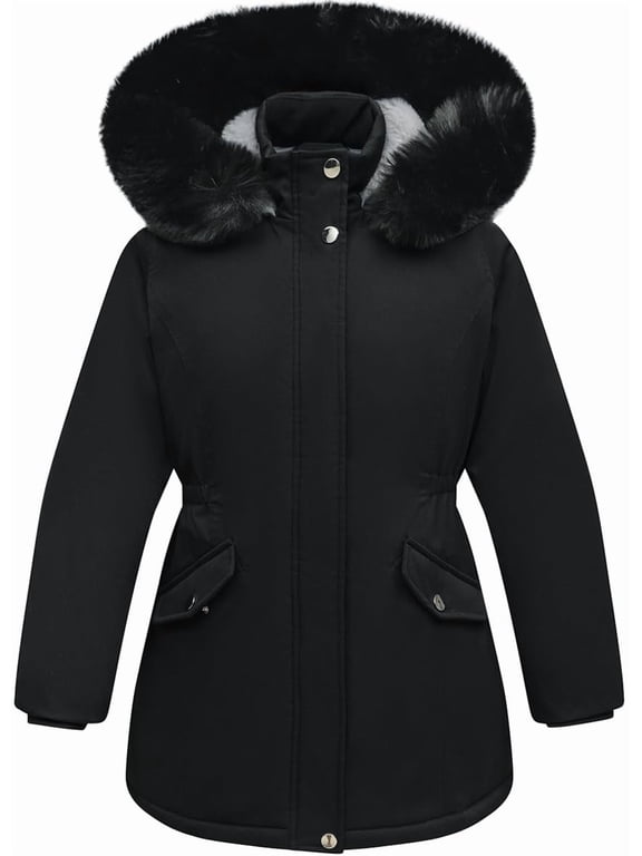 Girls Winter Coats Heavyweight Kids Outerwear Warm Parka Puffer Jacket with Hood Black 5-12Y