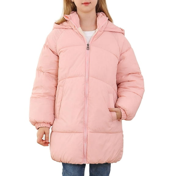 Aideaone Girls Winter Coats Hooded Puffer Jackets Medium Length Down-like Cotton Coats Snow Outwear 5-12Y