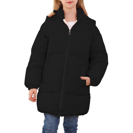 Aideaone Girls Winter Coats Hooded Puffer Jackets Medium Length Down-like Cotton Coats Snow Outwear 5-12Y
