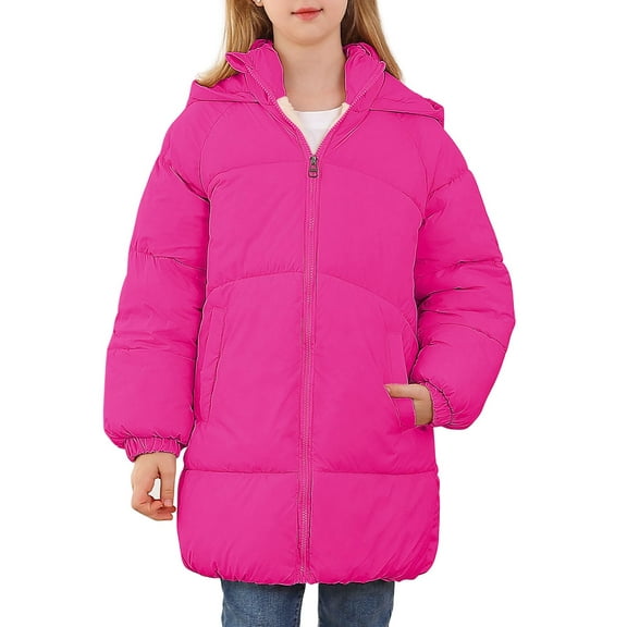 Aideaone Girls Winter Coats Hooded Puffer Jackets Medium Length Down-like Cotton Coats Snow Outwear 5-12Y