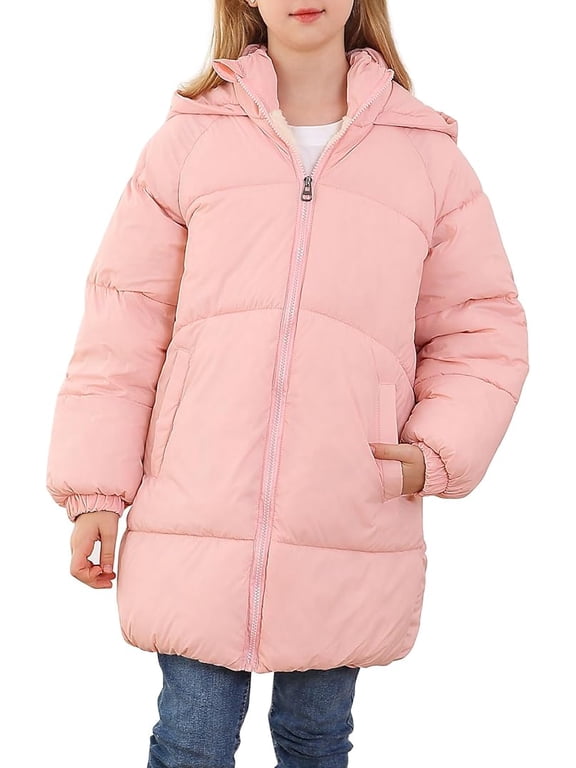 Girls Winter Coats Hooded Puffer Jackets Medium Length Down-like Cotton Coats Snow Outwear 5-12Y