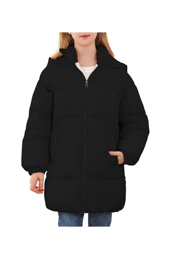 Girls Winter Coats Hooded Puffer Jackets Medium Length Down-like Cotton Coats Snow Outwear 5-12Y