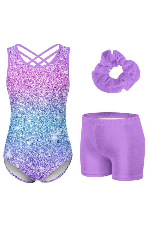 Gymnastics Leotards for Girls Shiny outfits with Shorts Hair Scrunchie 5-10Y