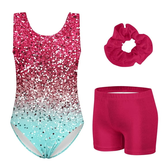 Aideaone Leotards for Girls Gymnastics Sparkly Kids Dance Unitard Biketards with Shorts 4-11Years