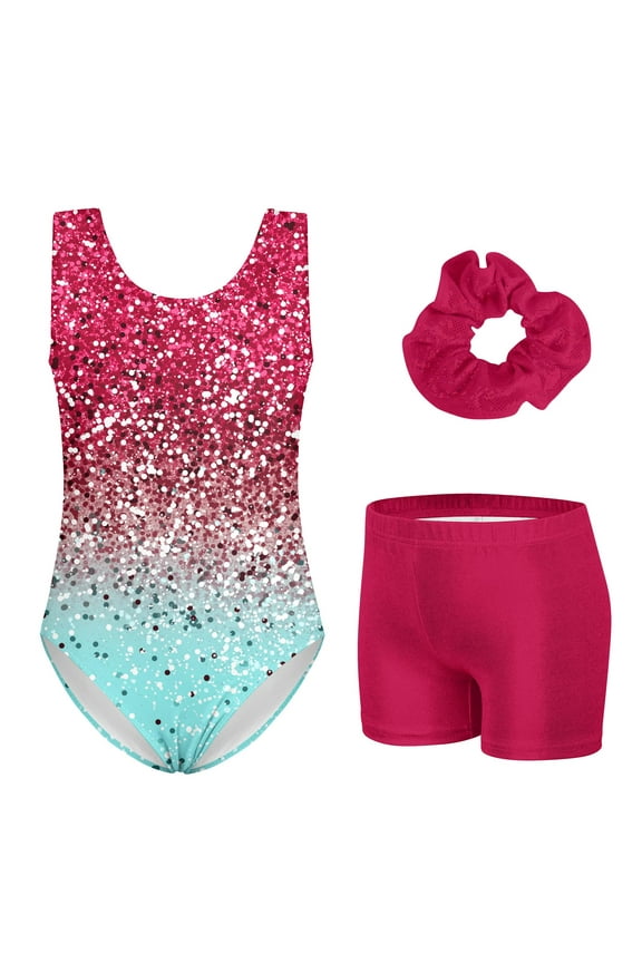 Leotards for Girls Gymnastics Sparkly Kids Dance Unitard Biketards with Shorts 4-11Years