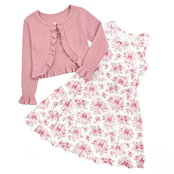 Aideaone Little Girls Sleeveless Dress with Ruffle Cardigan 2 Piece Set Butterfly Print 5 to 12