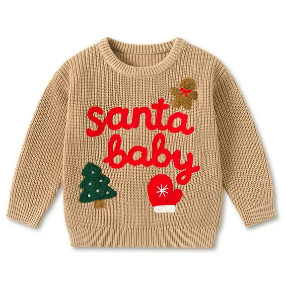 Aideaone Toddler Baby Boy Girl Christmas Sweater Letter Embroidery Pullover Sweatshirt Warm Crewneck Long Sleeve Tops for Infant 9M-3T