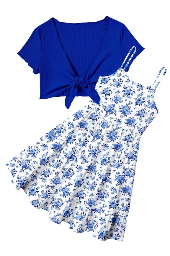 Girls Dresses Adjustable Strap Sleeveless A Line Dress with Cardigan 2 Piece Set Casual Sundress for Girls 7-14T