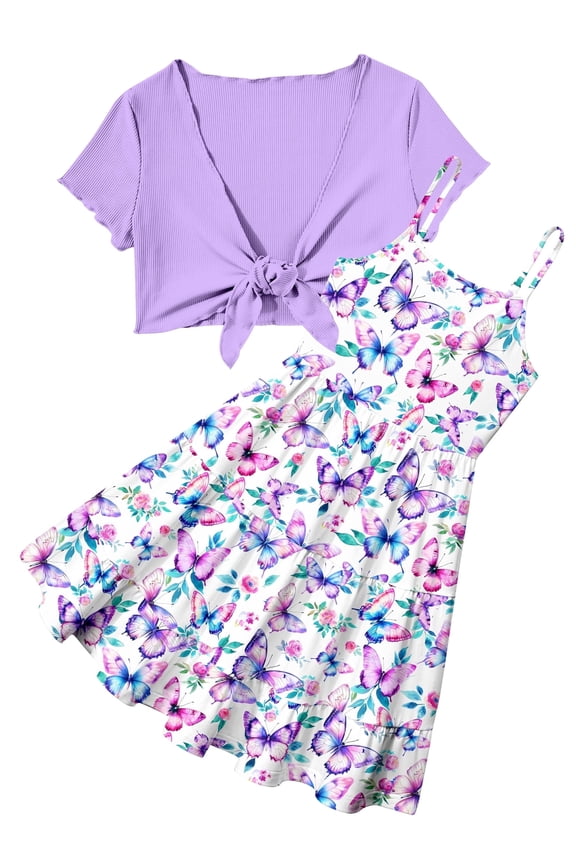 Girls Dresses Adjustable Strap Sleeveless A Line Dress with Cardigan 2 Piece Set Casual Sundress for Girls 7-14T
