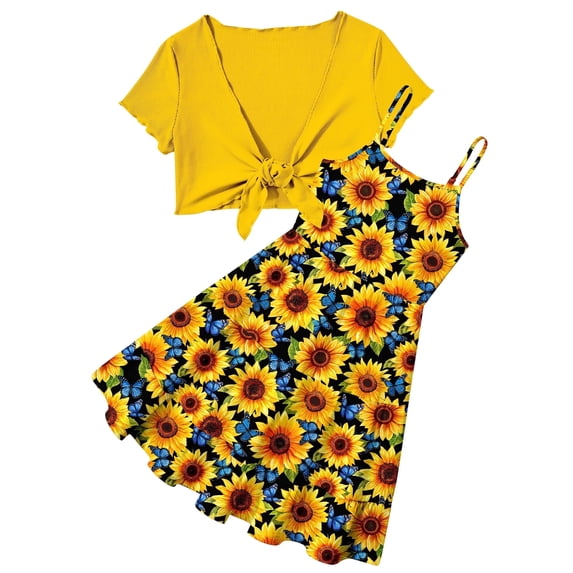 Girls Dresses Adjustable Strap Sleeveless A Line Dress with Cardigan 2 Piece Set Casual Sundress for Girls 7-14T