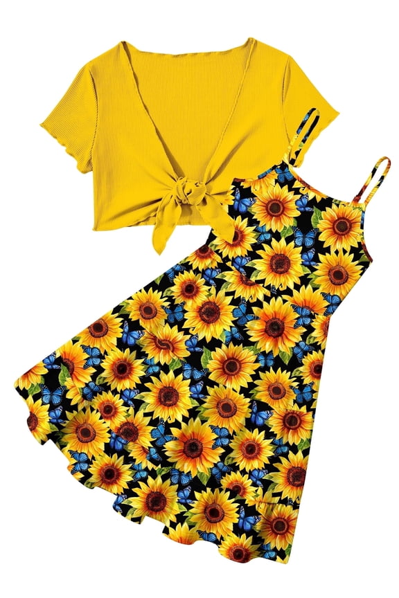 Girls Dresses Adjustable Strap Sleeveless A Line Dress with Cardigan 2 Piece Set Casual Sundress for Girls 7-14T