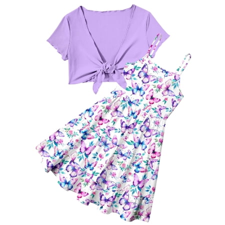 Girls Dresses Adjustable Strap Sleeveless A Line Dress with Cardigan 2 Piece Set Casual Sundress for Girls 7-14T