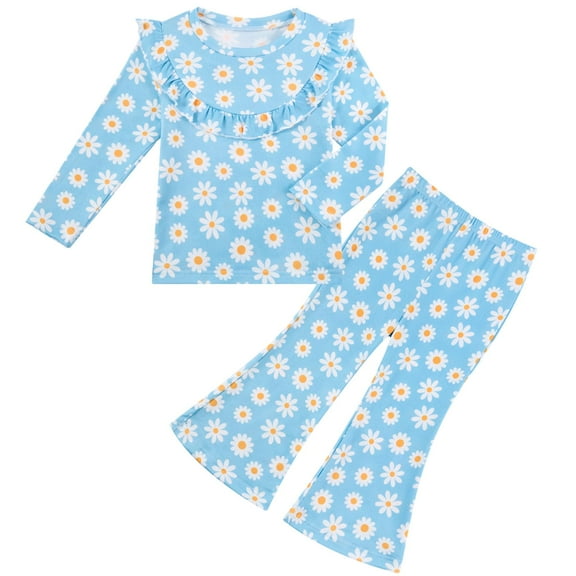 Aideaone Toddler Girl Fall Clothes Set Baby Ruffle Long Sleeve Tops & Flare Pants 2Pcs Outfit 1-4T