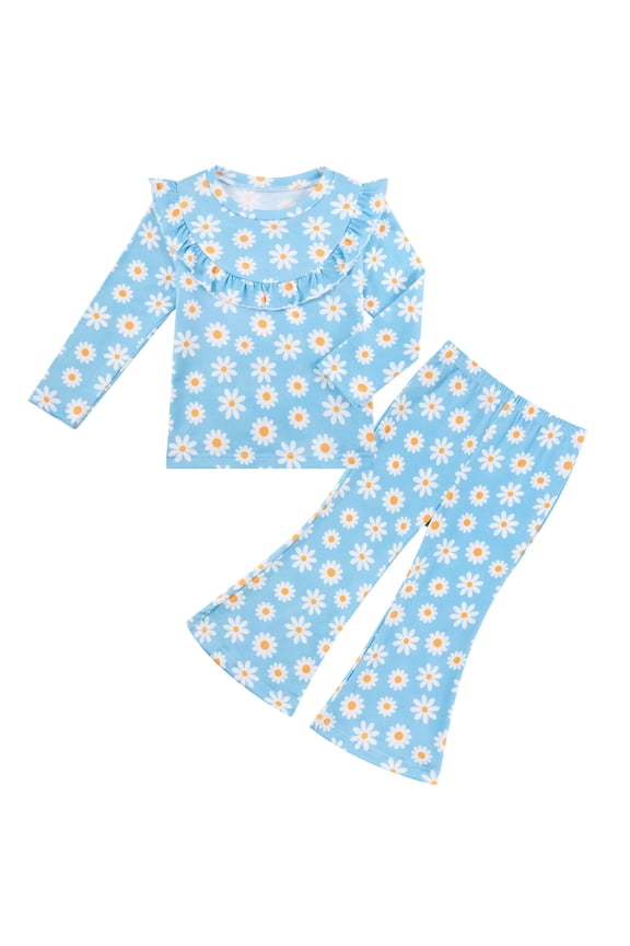 Toddler Girl Fall Clothes Set Baby Ruffle Long Sleeve Tops & Flare Pants 2Pcs Outfit 1-4T