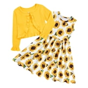Aideaone Toddler Girl Sleeveless Dresses with Long Sleeve Ruffle Cardigan 2 Piece Fall Outfit Set for Little Girls 2T-8T