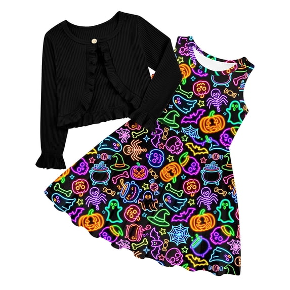 Aideaone Toddler Girls Dresses Sleeveless Dress with Long Sleeve Ruffle Cardigan 2 Piece Fall Outfit Set 2T-18T