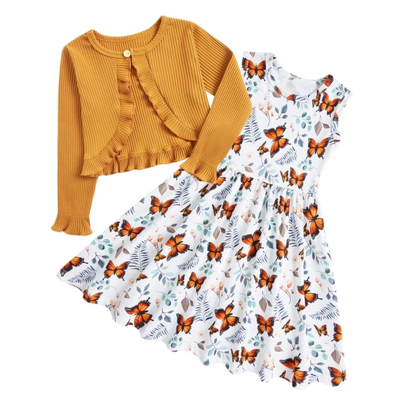 Aideaone Toddler Girl Sleeveless Dresses with Long Sleeve Ruffle Cardigan 2 Piece Fall Outfit Set for Little Girls 2T-8T
