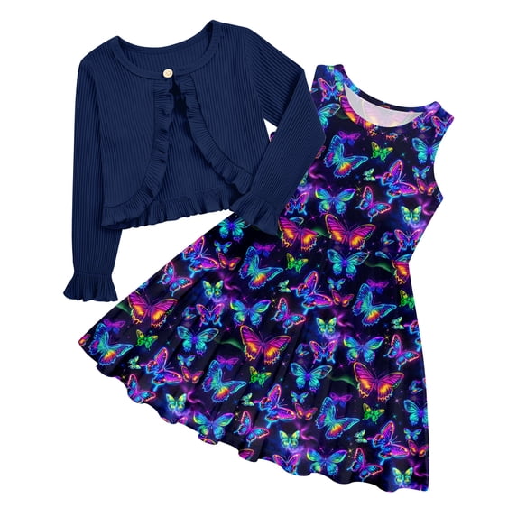 Aideaone Toddler Girls Dresses Sleeveless Dress with Long Sleeve Ruffle Cardigan 2 Piece Fall Outfit Set 2T-41T