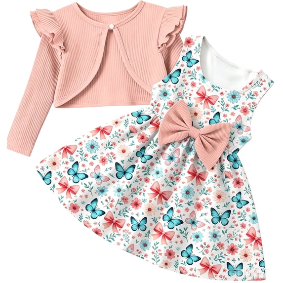 Aideaone Toddler Girls Dress Sleeveless Floral with Ruffle Cardigan 2 Piece Outfit Set 2-6T