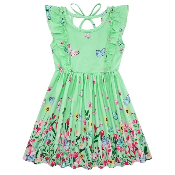 Aideaone Toddler Girls Dresses Kids Summer Ruffle Sleeve Tie Back Casual Sundress 2-8T