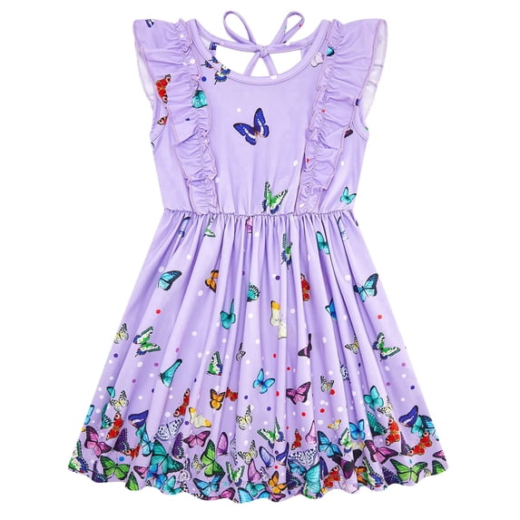 Aideaone Toddler Girls Dresses Kids Summer Ruffle Sleeve Tie Back Casual Sundress 2-8T