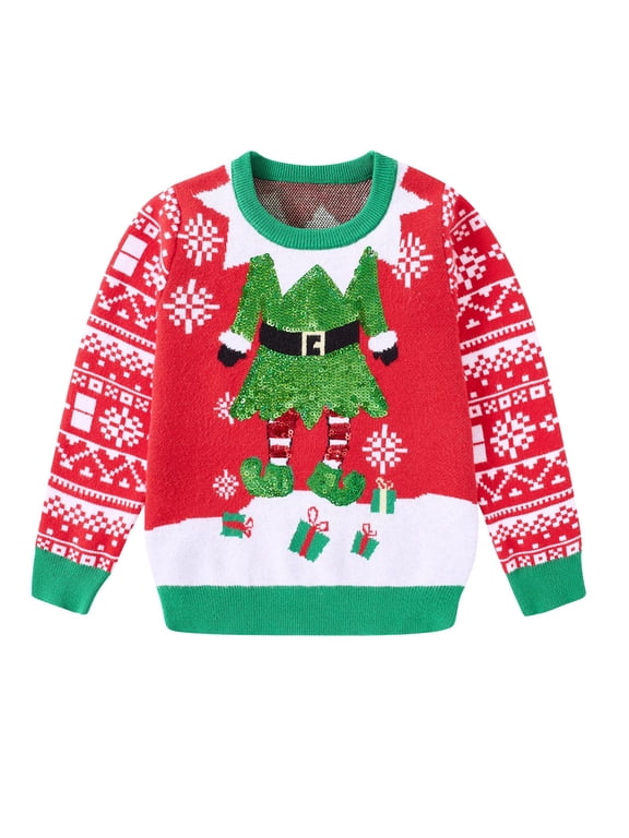 Toddler Ugly Christmas Sweater Girls Xmas Boys Sequin Knit Pullover Tacky Kids Holiday Tops 2-6 Years