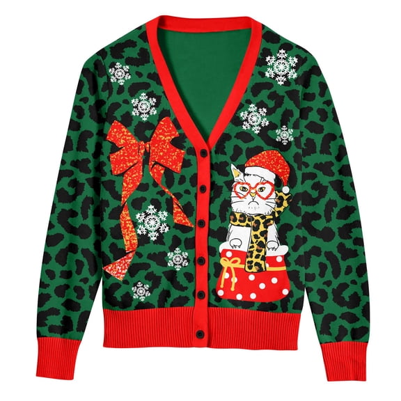 Aideaone Women Ugly Christmas Cardigan Sweater Long Sleeve Button Down Cozy V Neck Sweater Soft Knitwear