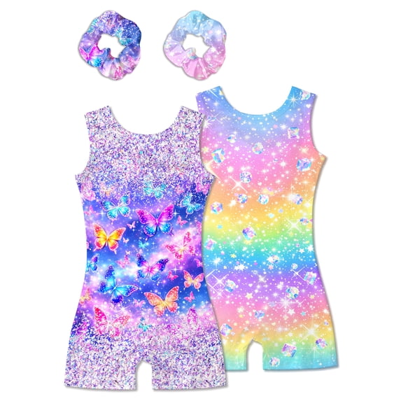 Aideaone Girls 2 Pack Gymnastics Leotards with Matching Scrunchies Sparkly Biketards 4-10Y