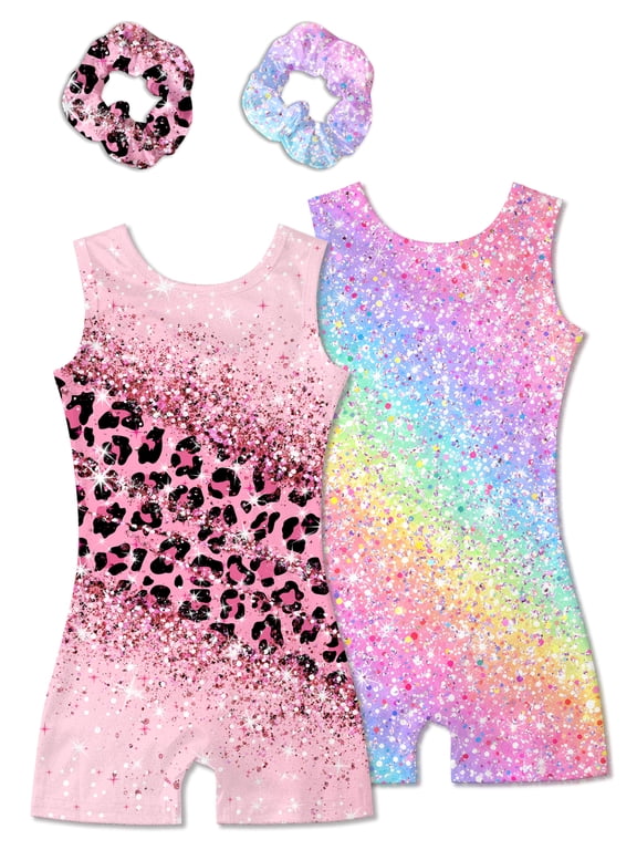 Girls 2 Pack Gymnastics Leotards with Matching Scrunchies Sparkly Biketards 4-10Y