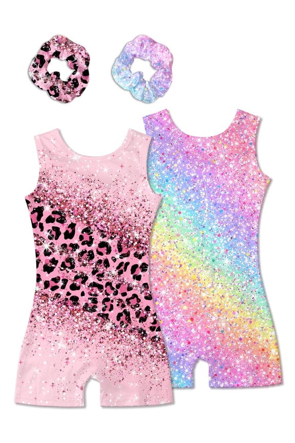 Girls 2 Pack Gymnastics Leotards with Matching Scrunchies Sparkly Biketards 4-10Y