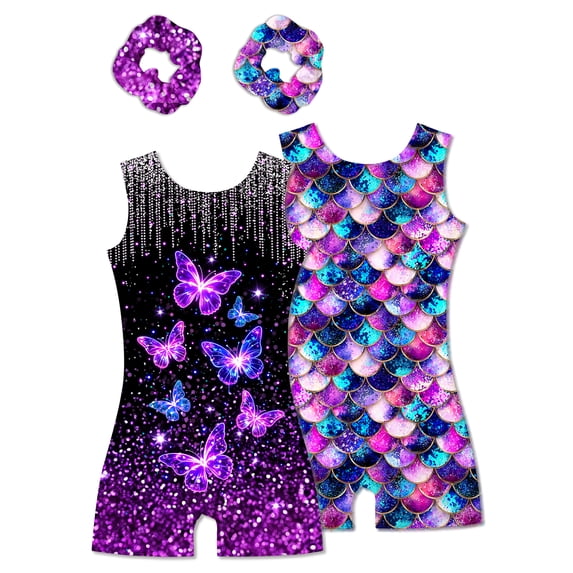 Aideaone Girls 2 Pack Gymnastics Leotards with Matching Scrunchies Sparkly Biketards 4-10Y