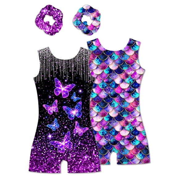 Aideaone Girls 2 Pack Gymnastics Leotards with Matching Scrunchies Sparkly Biketards 4-10Y