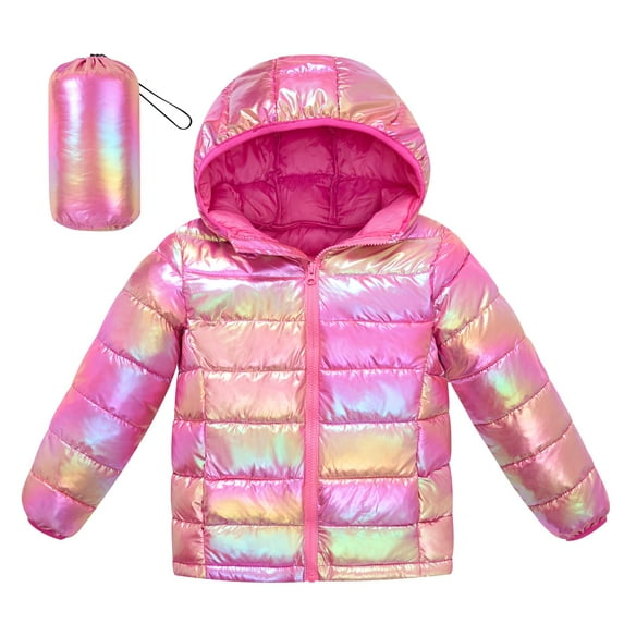 Aideaone Girls Puffer Jacket Packable Lightweight Down-Alternative Hooded Winter Coat Shiny Outerwear for Kids 4-12Years