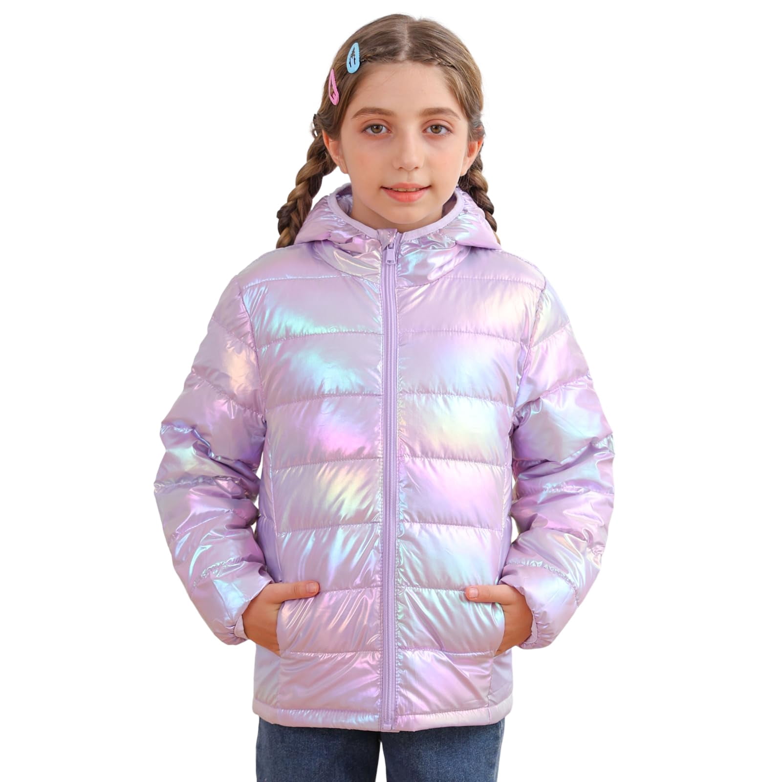 Girls Puffer Jacket Packable Lightweight Down-Alternative Hooded Winter Coat Shiny Outerwear for Kids 4-12Years
