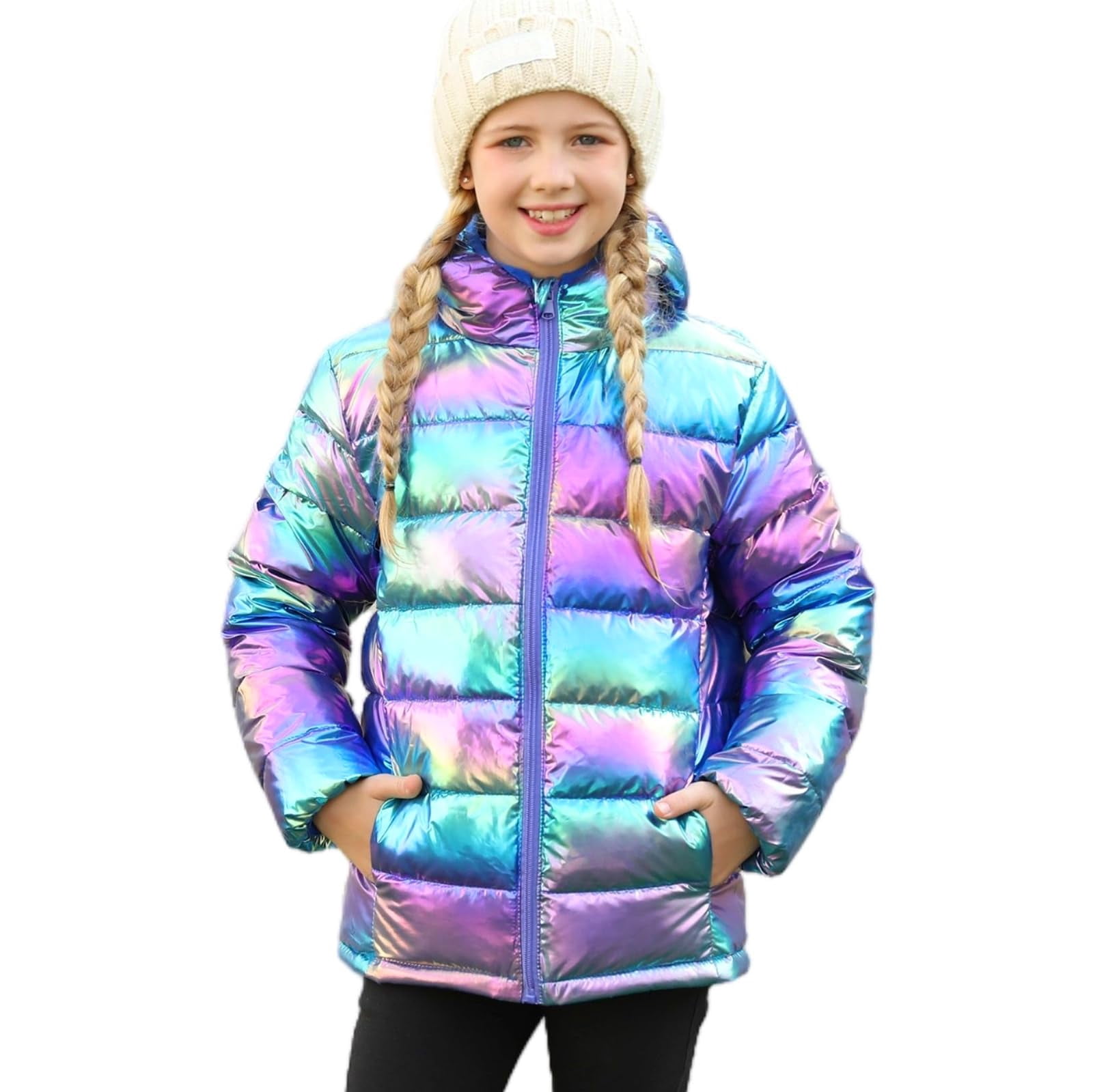 Girls Puffer Jacket Packable Lightweight Down-Alternative Hooded Winter Coat Shiny Outerwear for Kids 4-12Years