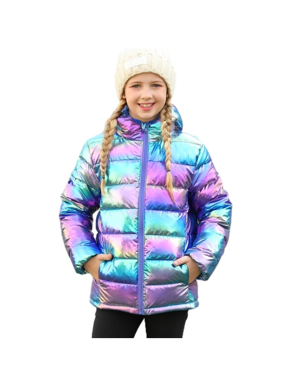 Girls Puffer Jacket Packable Lightweight Down-Alternative Hooded Winter Coat Shiny Outerwear for Kids 4-12Years