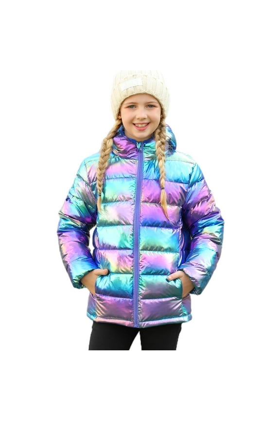 Girls Puffer Jacket Packable Lightweight Down-Alternative Hooded Winter Coat Shiny Outerwear for Kids 4-12Years
