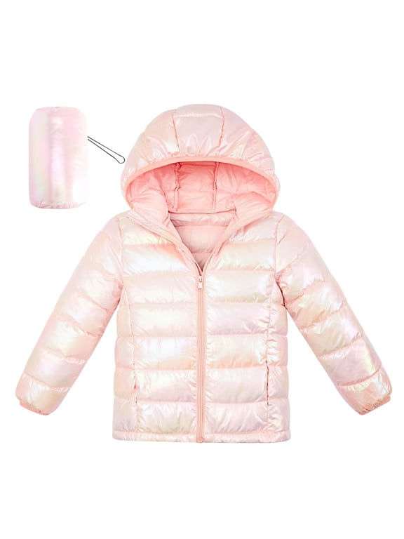 Girls Puffer Jacket Packable Lightweight Down-Alternative Hooded Winter Coat Shiny Outerwear for Kids 4-12Years