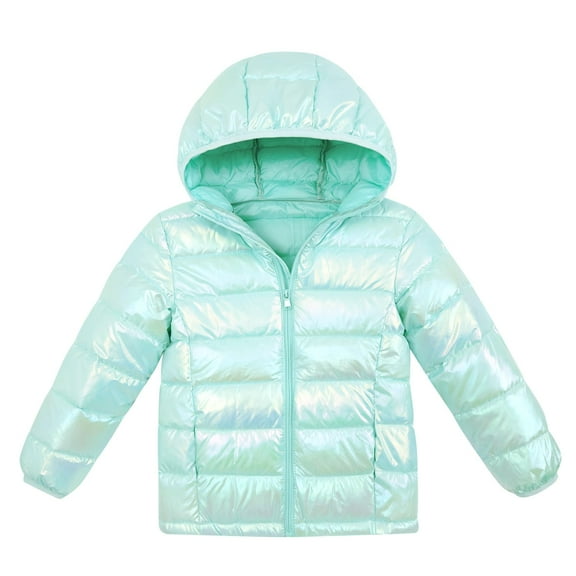 Aideaone Girls Puffer Jacket Packable Lightweight Down-Alternative Hooded Winter Coat Shiny Outerwear for Kids 4-12Years