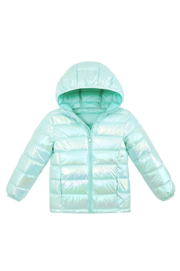 Girls Puffer Jacket Packable Lightweight Down-Alternative Hooded Winter Coat Shiny Outerwear for Kids 4-12Years