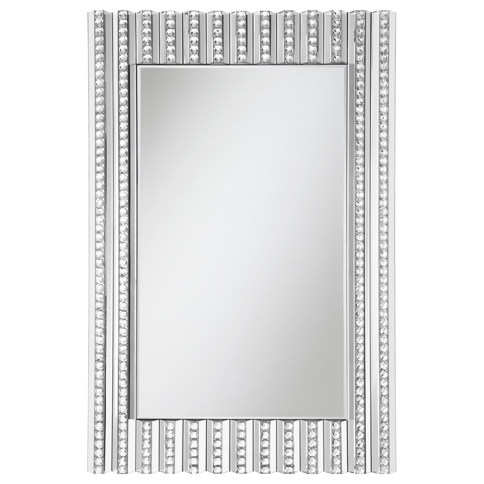 Contemporary Silver Wood Wall Mirror with Faux Crystal Accents