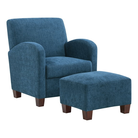 Aiden Chair & Ottoman Herringbone Navy Blue Fabric with Medium Espresso Legs