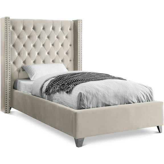 Aiden Cream Velvet Twin Bed-Color:Cream Velvet,Style:Contemporary