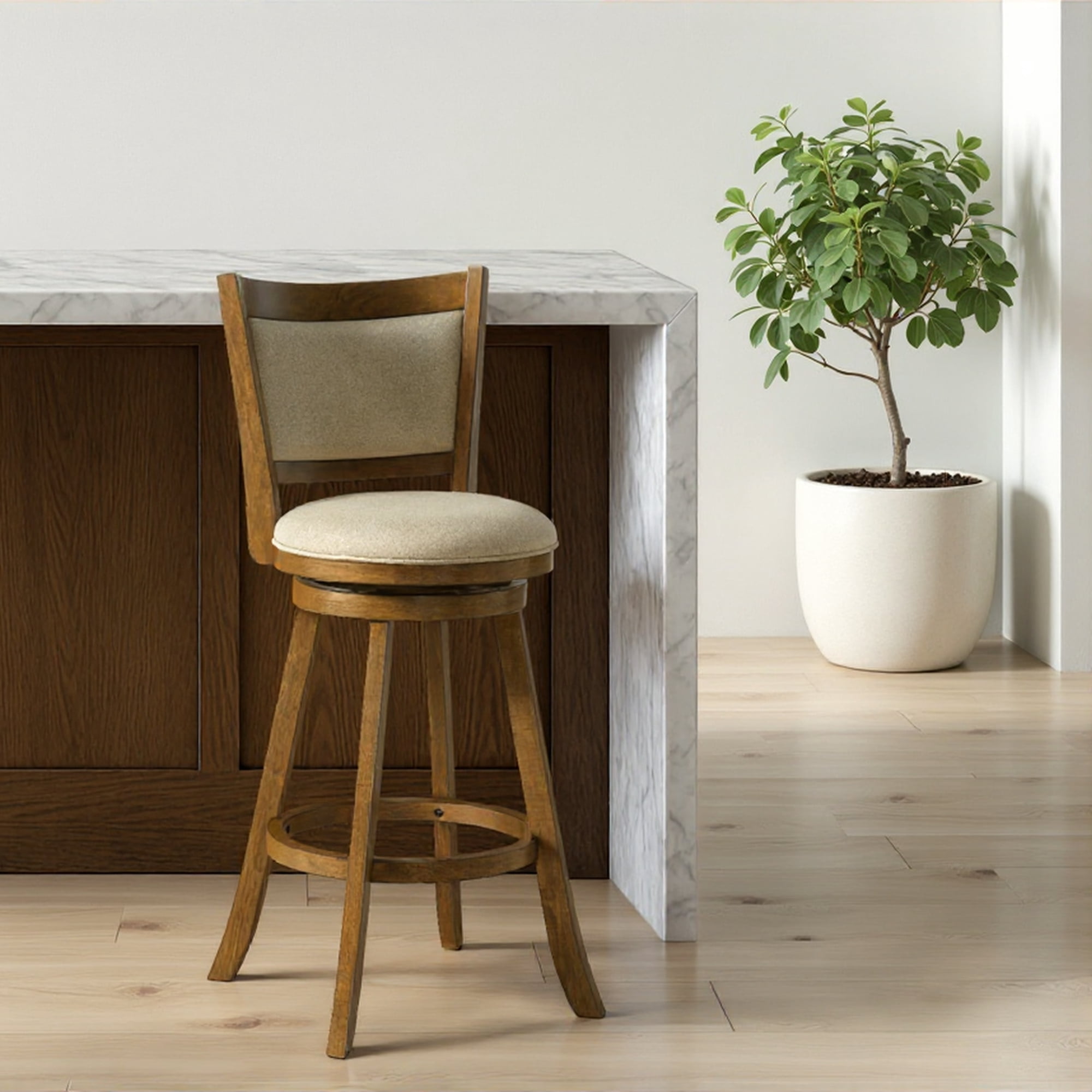 Aiden Modern Farmhouse Swivel Wood Bar Height Kitchen Bar Stool in Sepia Brown Finish with Grey Fabric Upholstered Seat