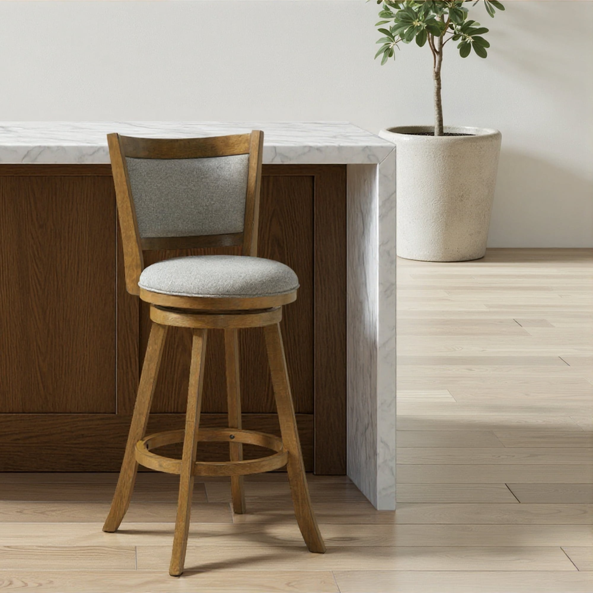 Aiden Modern Farmhouse Swivel Wood Bar Height Kitchen Bar Stool in Sepia Brown Finish with Grey Fabric Upholstered Seat